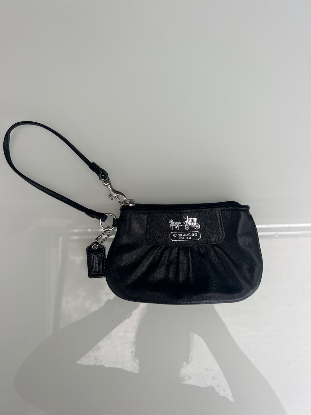 Coach Black Leather Pleated Wristlet with Silver Logo